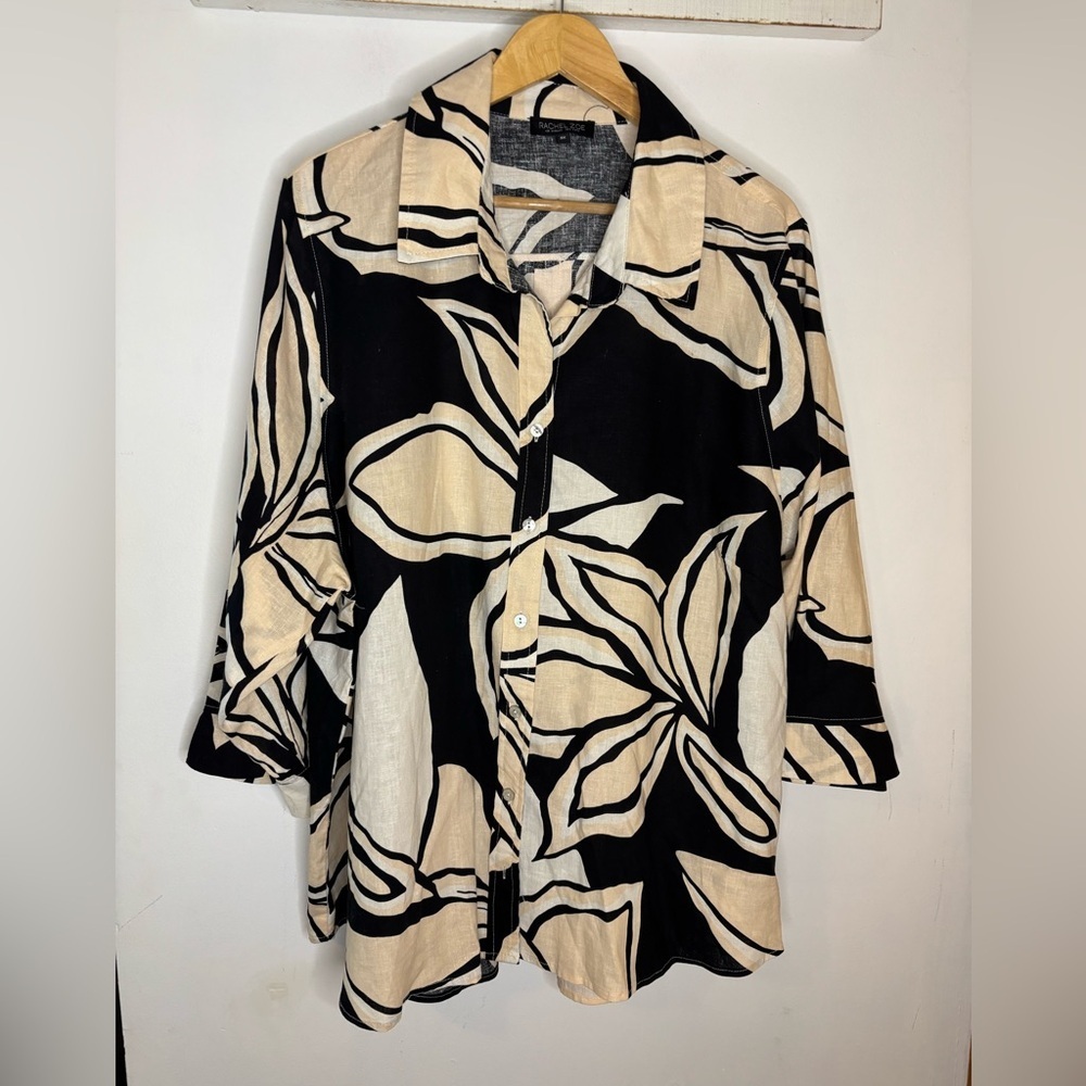 Rachel Zoe Black and Tan Linen Tropical Button Down Shirt